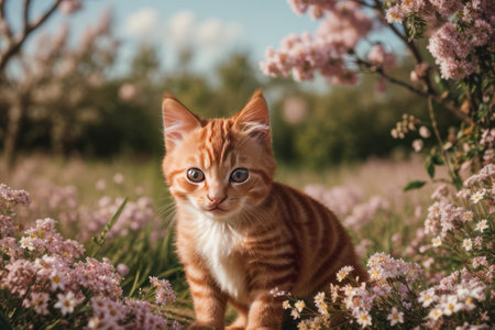 Discover pure charm in this adorable kitten nestled among vibrant blooms. Soft fur and playful eyes harmonize with the blossoms, creating a heartwarming scene of innocence and nature's beauty.の素材