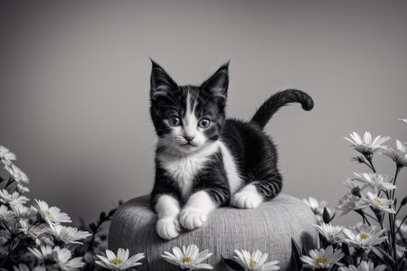 Discover pure charm in this adorable kitten nestled among vibrant blooms. Soft fur and playful eyes harmonize with the blossoms, creating a heartwarming scene of innocence and nature's beauty.の素材
