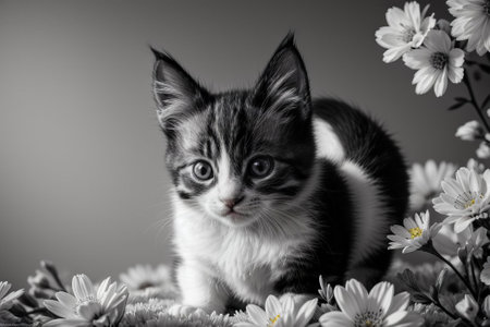 Discover pure charm in this adorable kitten nestled among vibrant blooms. Soft fur and playful eyes harmonize with the blossoms, creating a heartwarming scene of innocence and nature's beauty.の素材