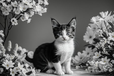 Discover pure charm in this adorable kitten nestled among vibrant blooms. Soft fur and playful eyes harmonize with the blossoms, creating a heartwarming scene of innocence and nature's beauty.の素材