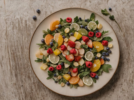 Tropical Temptation: Experience a symphony of flavors in our fruit salad, a paradise of freshness and vibrant colors.の素材