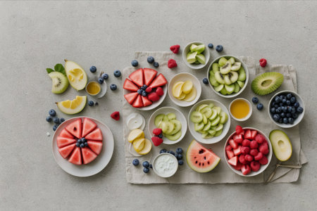 Tropical Temptation: Experience a symphony of flavors in our fruit salad, a paradise of freshness and vibrant colors.の素材