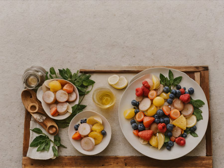 Tropical Temptation: Experience a symphony of flavors in our fruit salad, a paradise of freshness and vibrant colors.の素材