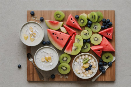 Tropical Temptation: Experience a symphony of flavors in our fruit salad, a paradise of freshness and vibrant colors.の素材