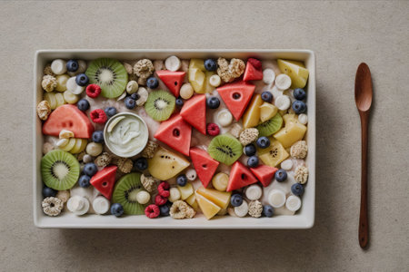 Tropical Temptation: Experience a symphony of flavors in our fruit salad, a paradise of freshness and vibrant colors.の素材