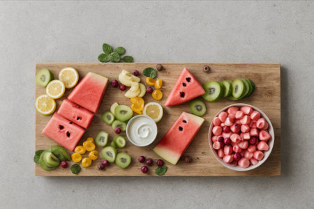 Tropical Temptation: Experience a symphony of flavors in our fruit salad, a paradise of freshness and vibrant colors.の素材