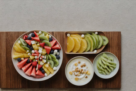 Tropical Temptation: Experience a symphony of flavors in our fruit salad, a paradise of freshness and vibrant colors.の素材