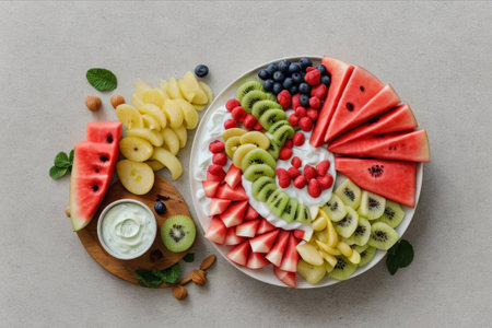 Tropical Temptation: Experience a symphony of flavors in our fruit salad, a paradise of freshness and vibrant colors.の素材