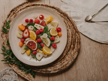 Tropical Temptation: Experience a symphony of flavors in our fruit salad, a paradise of freshness and vibrant colors.の素材