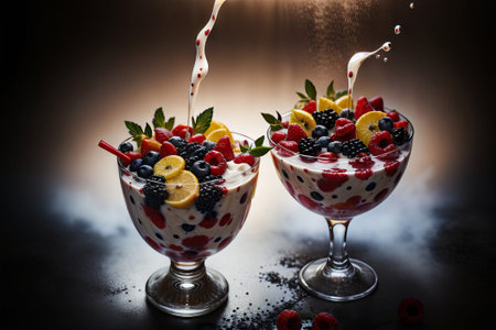 Savor the harmony of a fruit medley cocktail, featuring luscious whole fruits, succulent berries, and a swirl of yogurt a blissful symphony in a glass.の素材