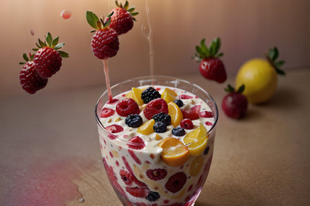 Savor the harmony of a fruit medley cocktail, featuring luscious whole fruits, succulent berries, and a swirl of yogurt a blissful symphony in a glass.の素材
