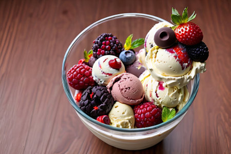 Treat yourself to an exquisite visual: luscious ice cream complemented by vibrant berries and chocolate pearls, a delightful fusion of textures and tastes.の素材