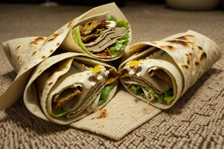 Savor the moment: a tempting photo captures a plate of savory shawarma paired with refreshing beer and a crisp salad an enticing blend of flavors and textures.の素材