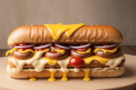 Indulge your cravings with this tempting hot dog presentation. A succulent sausage, nestled in a warm bun, is adorned with a medley of zesty condiments. A treat for both the eyes and taste budsの素材