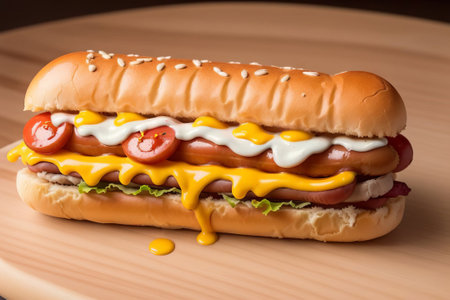 Indulge your cravings with this tempting hot dog presentation. A succulent sausage, nestled in a warm bun, is adorned with a medley of zesty condiments. A treat for both the eyes and taste budsの素材