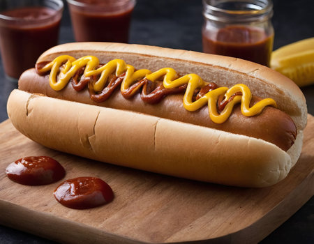 Indulge your cravings with this tempting hot dog presentation. A succulent sausage, nestled in a warm bun, is adorned with a medley of zesty condiments. A treat for both the eyes and taste budsの素材