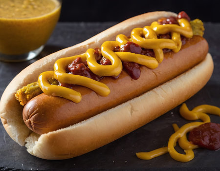 Indulge your cravings with this tempting hot dog presentation. A succulent sausage, nestled in a warm bun, is adorned with a medley of zesty condiments. A treat for both the eyes and taste budsの素材