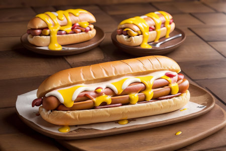 Indulge your cravings with this tempting hot dog presentation. A succulent sausage, nestled in a warm bun, is adorned with a medley of zesty condiments. A treat for both the eyes and taste budsの素材