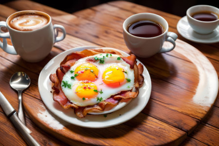 Start your day right with this delicious snapshot of sunny-side-up eggs and crispy bacon. The golden yolks and savory bacon combine for a breakfast masterpiece that's as beautiful as it is tasty.の素材