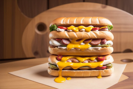 Indulge your cravings with this tempting hot dog presentation. A succulent sausage, nestled in a warm bun, is adorned with a medley of zesty condiments. A treat for both the eyes and taste budsの素材