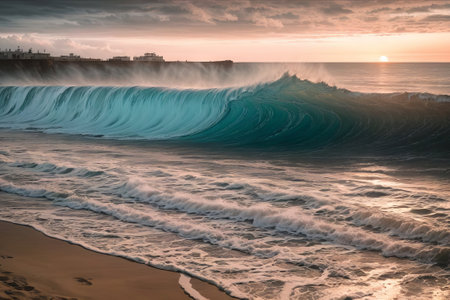 A breathtaking beach sunset unfolds, setting the horizon ablaze with hues of orange and pink. Towering waves add drama, capturing the raw power of the ocean at dusk.の素材