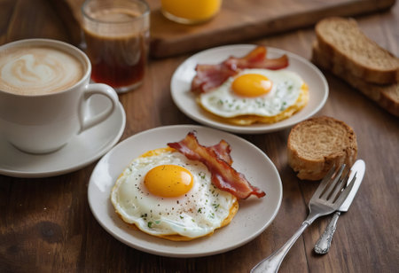 Indulge in the classic comfort of bacon and eggs with this mouthwatering picture. Crispy bacon meets perfectly cooked eggs for a breakfast delight that's both satisfying and comforting.の素材
