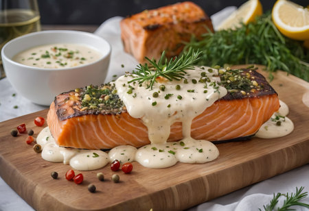 Treat yourself to a feast for both the eyes and palate with this impeccably cooked salmon, elegantly presented on a bed of greens. A gastronomic journey awaits.の素材