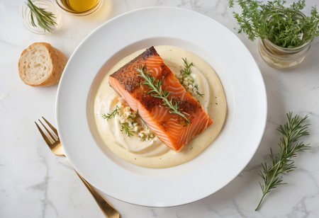Treat yourself to a feast for both the eyes and palate with this impeccably cooked salmon, elegantly presented on a bed of greens. A gastronomic journey awaits.の素材
