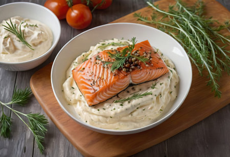 Treat yourself to a feast for both the eyes and palate with this impeccably cooked salmon, elegantly presented on a bed of greens. A gastronomic journey awaits.の素材