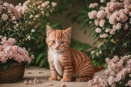 Discover pure charm in this adorable kitten nestled among vibrant blooms. Soft fur and playful eyes harmonize with the blossoms, creating a heartwarming scene of innocence and nature's beauty.の素材