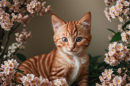 Discover pure charm in this adorable kitten nestled among vibrant blooms. Soft fur and playful eyes harmonize with the blossoms, creating a heartwarming scene of innocence and nature's beauty.の素材