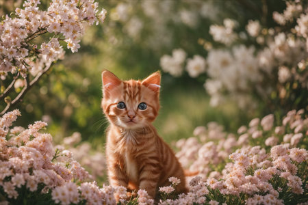 Discover pure charm in this adorable kitten nestled among vibrant blooms. Soft fur and playful eyes harmonize with the blossoms, creating a heartwarming scene of innocence and nature's beauty.の素材