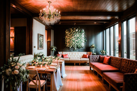 A large, long, decorated, wooden table and chairs, covered with a white tablecloth with dishes, flowers, candles, stands outdoor near the forest in nature. Wedding banquet. lights on backgroundの素材