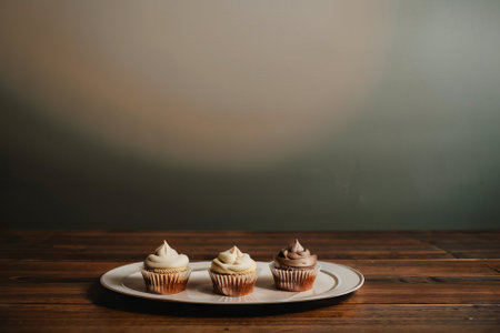Homemade cupcakes on a white plate on a wooden table.の素材
