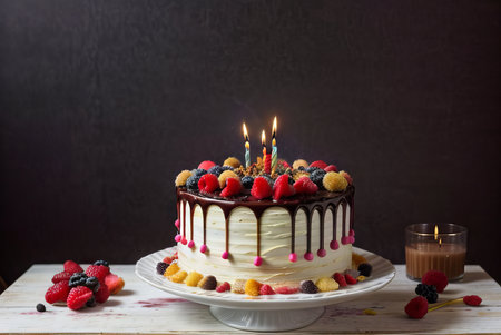 Birthday cake with fresh berries and candles on a dark background.の素材