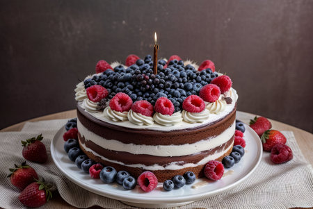 Homemade chocolate cake with cream and fresh berries on a dark backgroundの素材