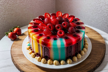 Strawberry cake on the table. Cake decorated with strawberries.の素材