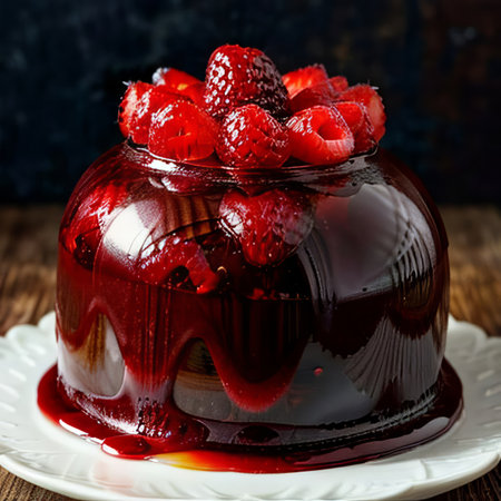 Chocolate cake with raspberries and strawberries, selective focus.の素材