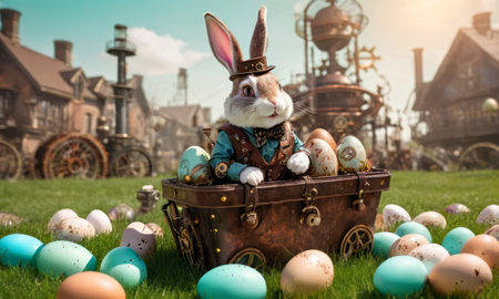 Step into a whimsical world where Easter meets steampunk, with a unique portrayal of a steampunk Easter bunny, blending tradition with innovation in a delightful fusion.の素材