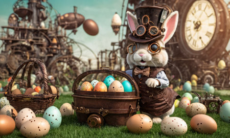 Step into a whimsical world where Easter meets steampunk, with a unique portrayal of a steampunk Easter bunny, blending tradition with innovation in a delightful fusion.の素材