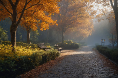 In the dance of autumn leaves, a serene alleyway unfolds, bathed in the radiance of natural light, weaving a tale of cosmic creation amidst the earthly splendor of autumn.の素材