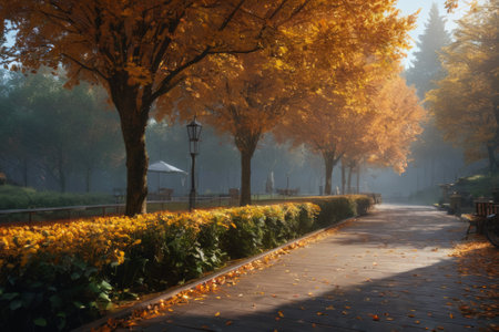In the dance of autumn leaves, a serene alleyway unfolds, bathed in the radiance of natural light, weaving a tale of cosmic creation amidst the earthly splendor of autumn.の素材