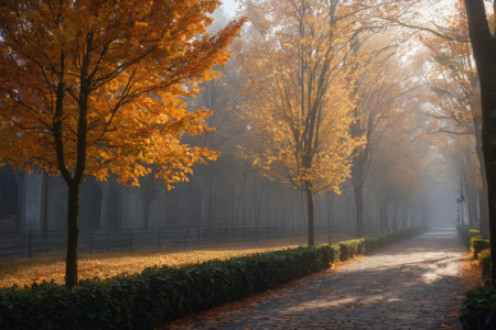 In the dance of autumn leaves, a serene alleyway unfolds, bathed in the radiance of natural light, weaving a tale of cosmic creation amidst the earthly splendor of autumn.の素材
