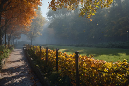 In the dance of autumn leaves, a serene alleyway unfolds, bathed in the radiance of natural light, weaving a tale of cosmic creation amidst the earthly splendor of autumn.の素材