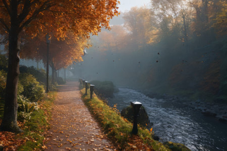 In the dance of autumn leaves, a serene alleyway unfolds, bathed in the radiance of natural light, weaving a tale of cosmic creation amidst the earthly splendor of autumn.の素材