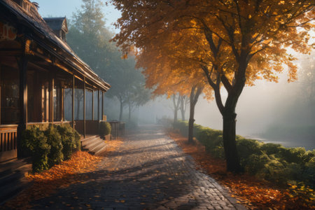 In the dance of autumn leaves, a serene alleyway unfolds, bathed in the radiance of natural light, weaving a tale of cosmic creation amidst the earthly splendor of autumn.の素材