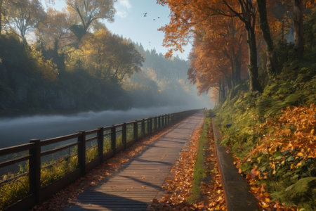 In the dance of autumn leaves, a serene alleyway unfolds, bathed in the radiance of natural light, weaving a tale of cosmic creation amidst the earthly splendor of autumn.の素材