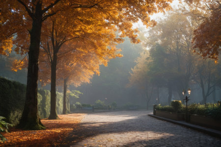 In the dance of autumn leaves, a serene alleyway unfolds, bathed in the radiance of natural light, weaving a tale of cosmic creation amidst the earthly splendor of autumn.の素材