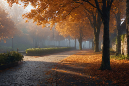 In the dance of autumn leaves, a serene alleyway unfolds, bathed in the radiance of natural light, weaving a tale of cosmic creation amidst the earthly splendor of autumn.の素材