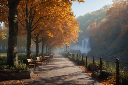 In the dance of autumn leaves, a serene alleyway unfolds, bathed in the radiance of natural light, weaving a tale of cosmic creation amidst the earthly splendor of autumn.の素材